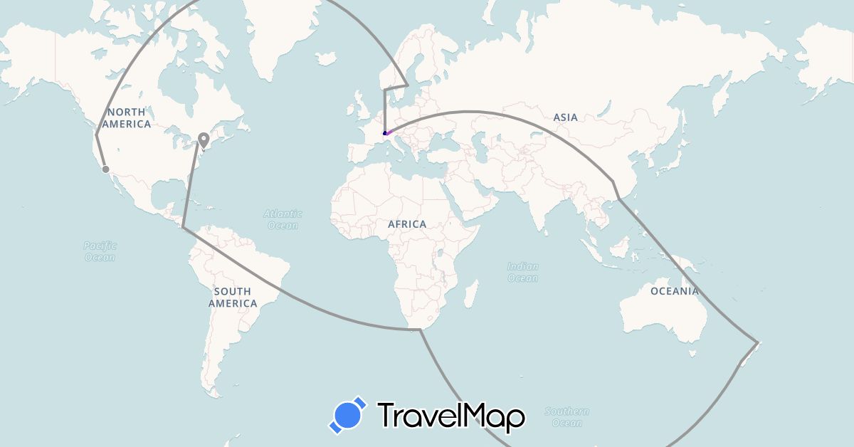 TravelMap itinerary: driving, plane, train in Austria, Canada, Switzerland, China, Costa Rica, Macau, Norway, New Zealand, Sweden, United States, South Africa (Africa, Asia, Europe, North America, Oceania)